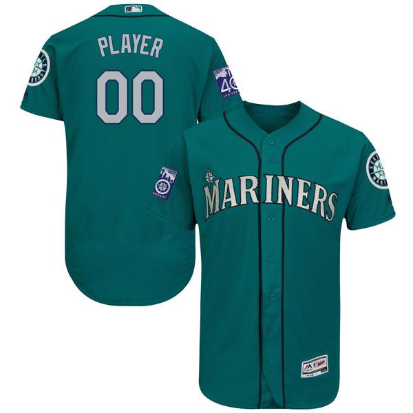 Men Seattle Mariners Majestic Alternate Green Aqua 2017 Authentic Flex Base Custom MLB Jersey with Commemorative Patch
